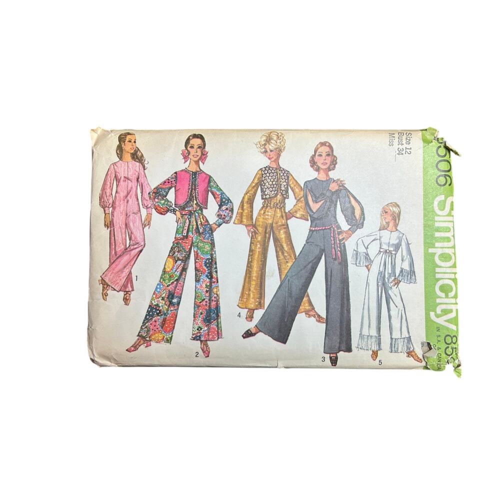 Vtg 60s Sewing Pattern Simplicity Misses Sz 12 Jumpsuit Bolero Sash uncut groovy
